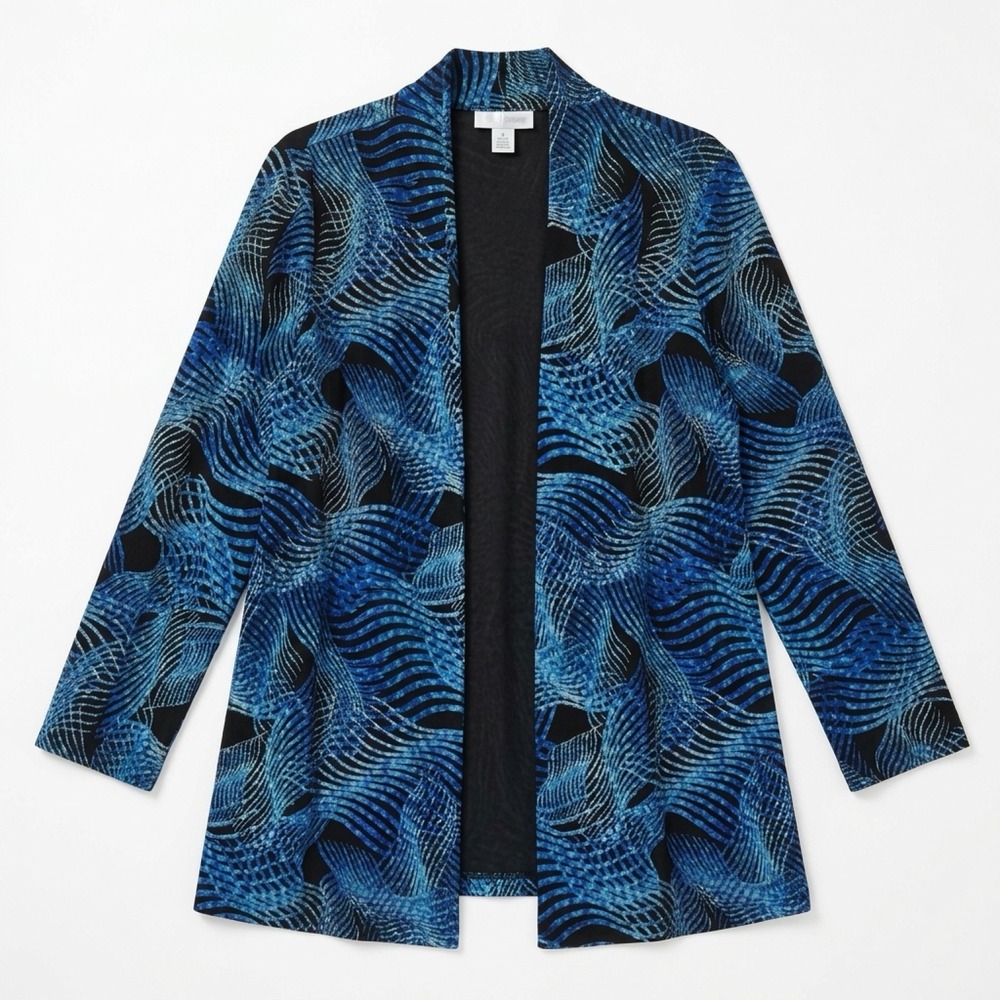 Jm Collection Cardigan Women PL Blue Abstract Open Front Textured Career Jacket